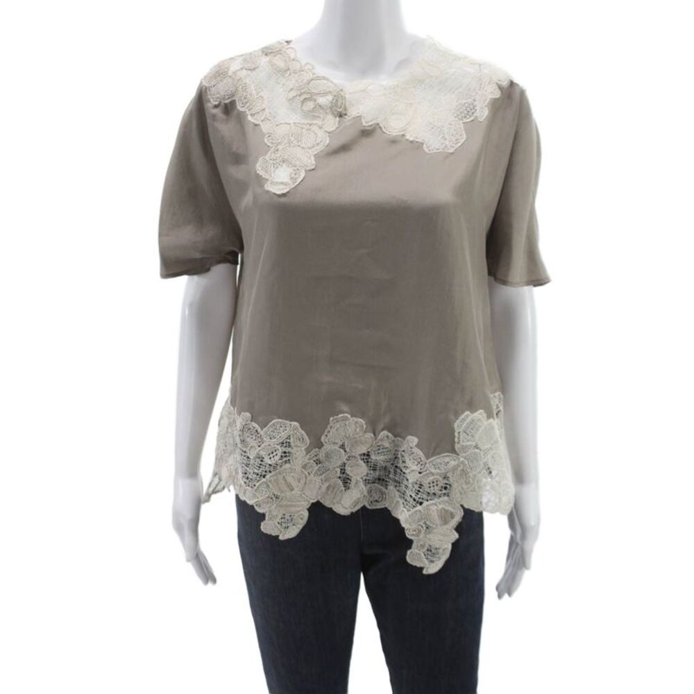 QL2 Womens Silk Gray Round Neck Short Sleeve Basic Blouse Size 42
